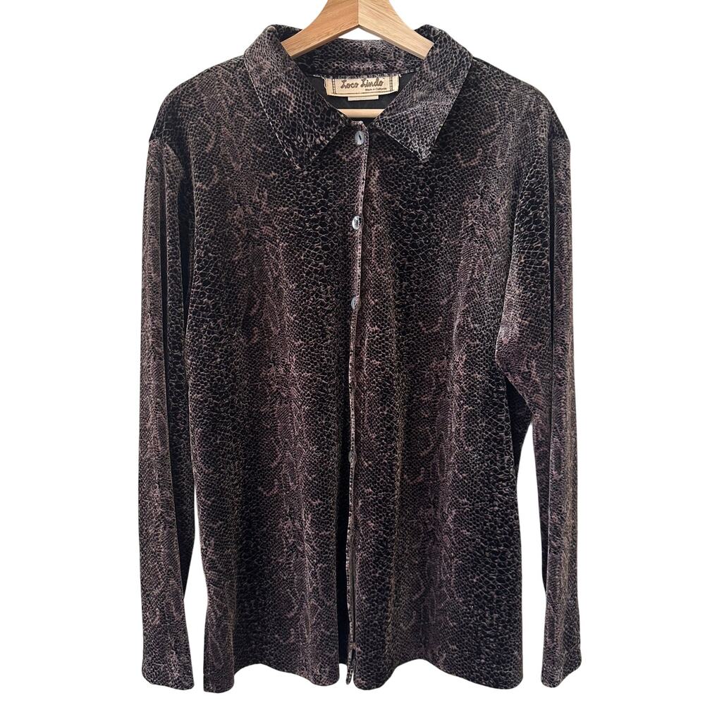 Loco Lindo Women's Button Up Leopard Print Spandex Long Sleeves Blouse Sz Large